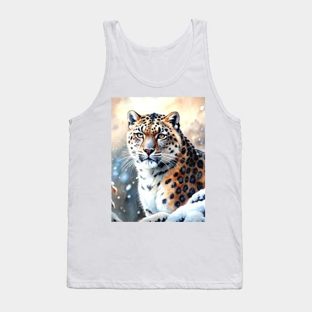 A Proud Snow Leopard Went Hunting, in the Snowy forest, Hight Mountains, Snow Falling, Winter Landscape, Wildlife White Panthera, Watercolor Tank Top by sofiartmedia